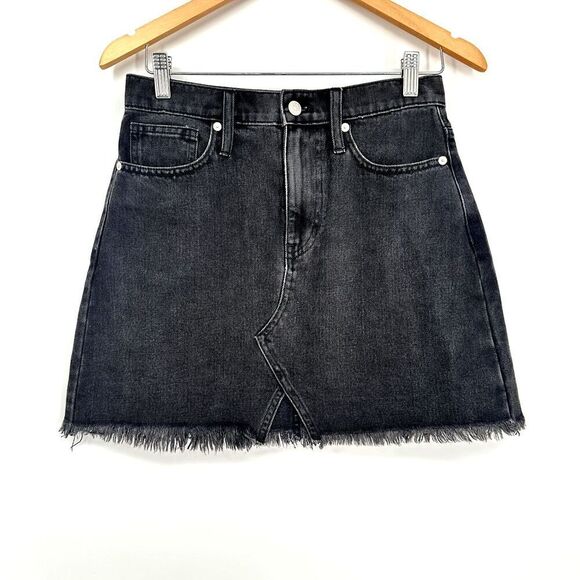 Madewell Black Denim Skirt Rigid A-Line Lunar Wash Frayed Denim Mini Size 26 - Picture 2 of 10